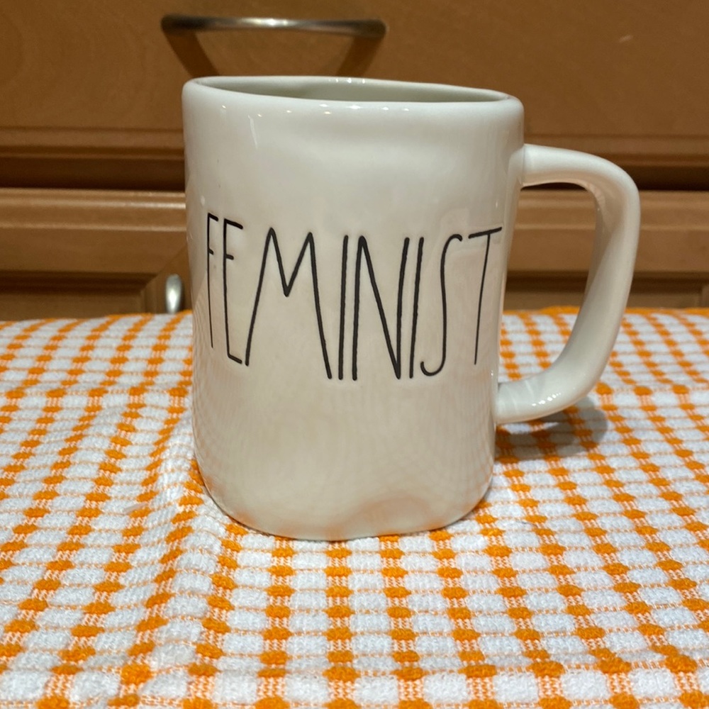 Rae Dunn mug with “Feminist” text